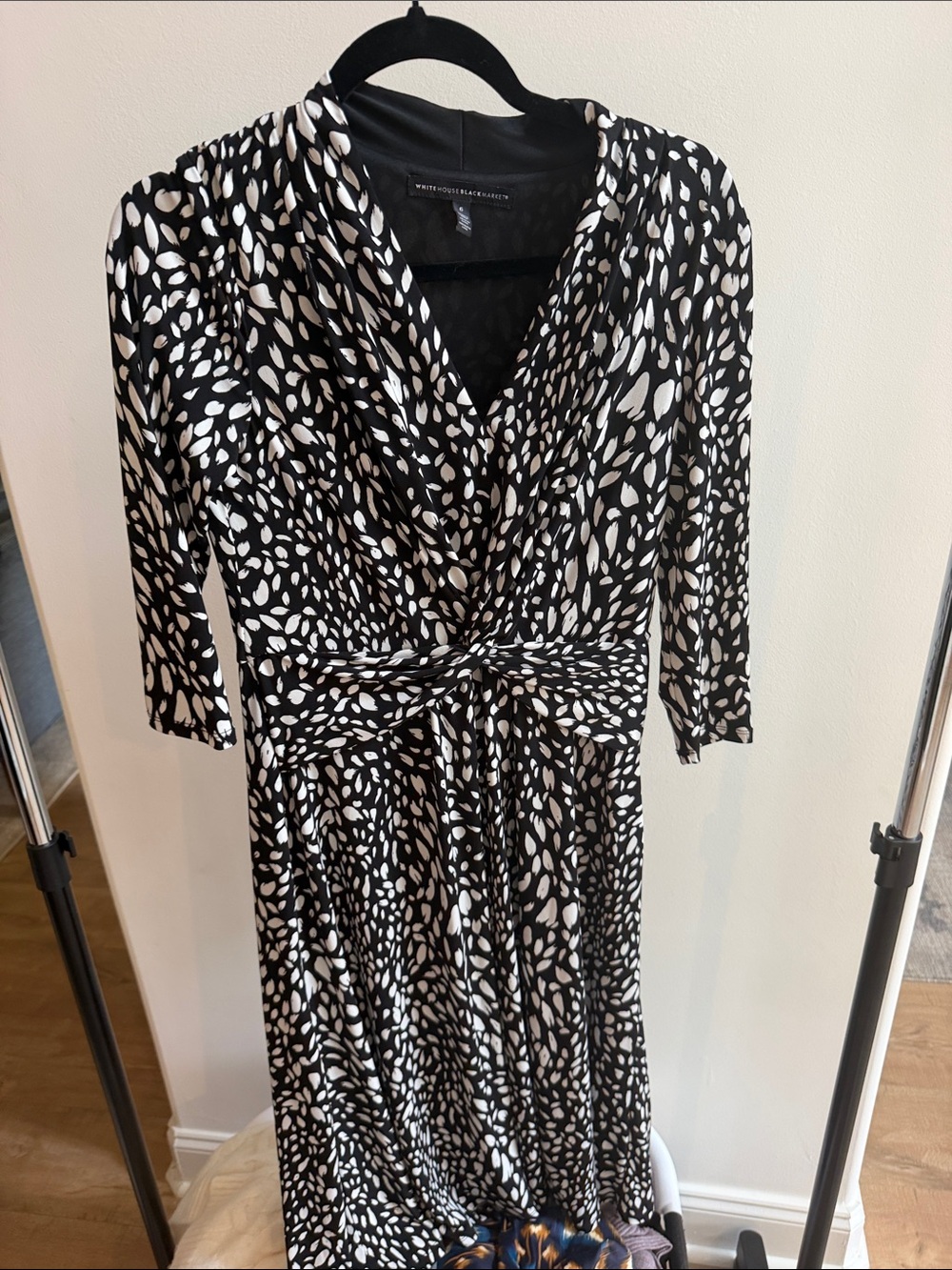 White House Black Market Black & White Printed Faux-Wrap Long Sleeve Dress